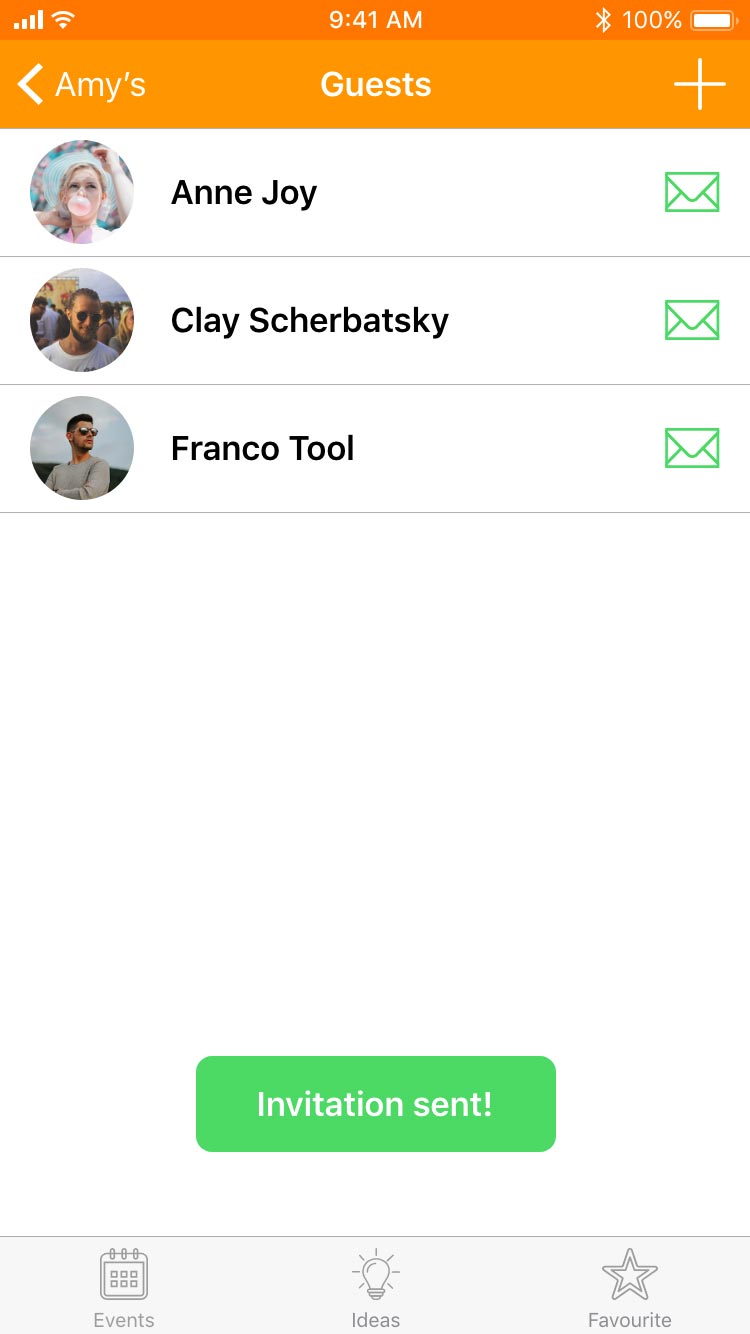 Invited guests page on a phone screen with the Hooray App branding.