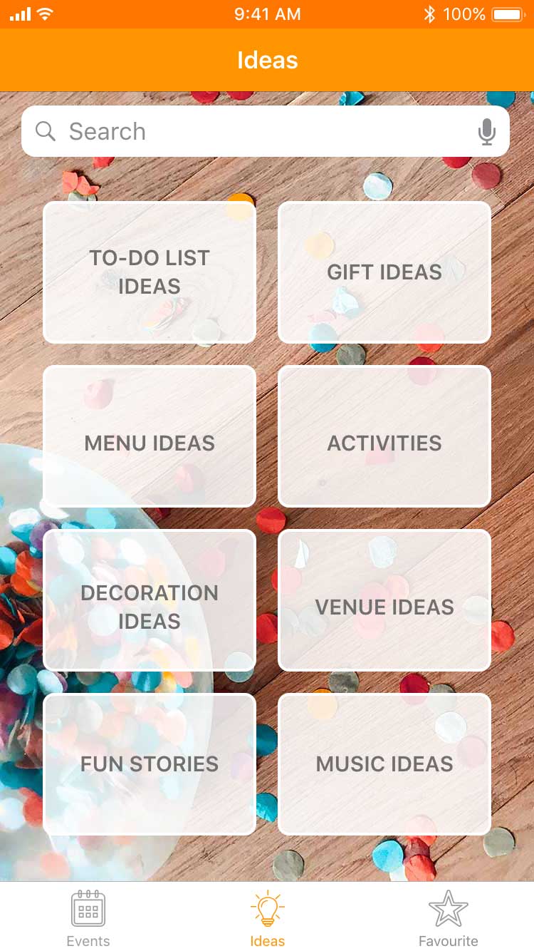 Ideas page on a phone screen with the Hooray App branding.
