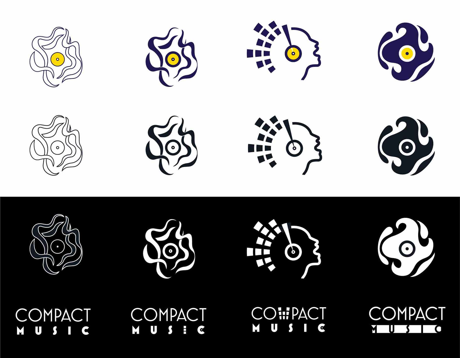 A poster with variantions of symbols and typefaces for logo design for Compact Music